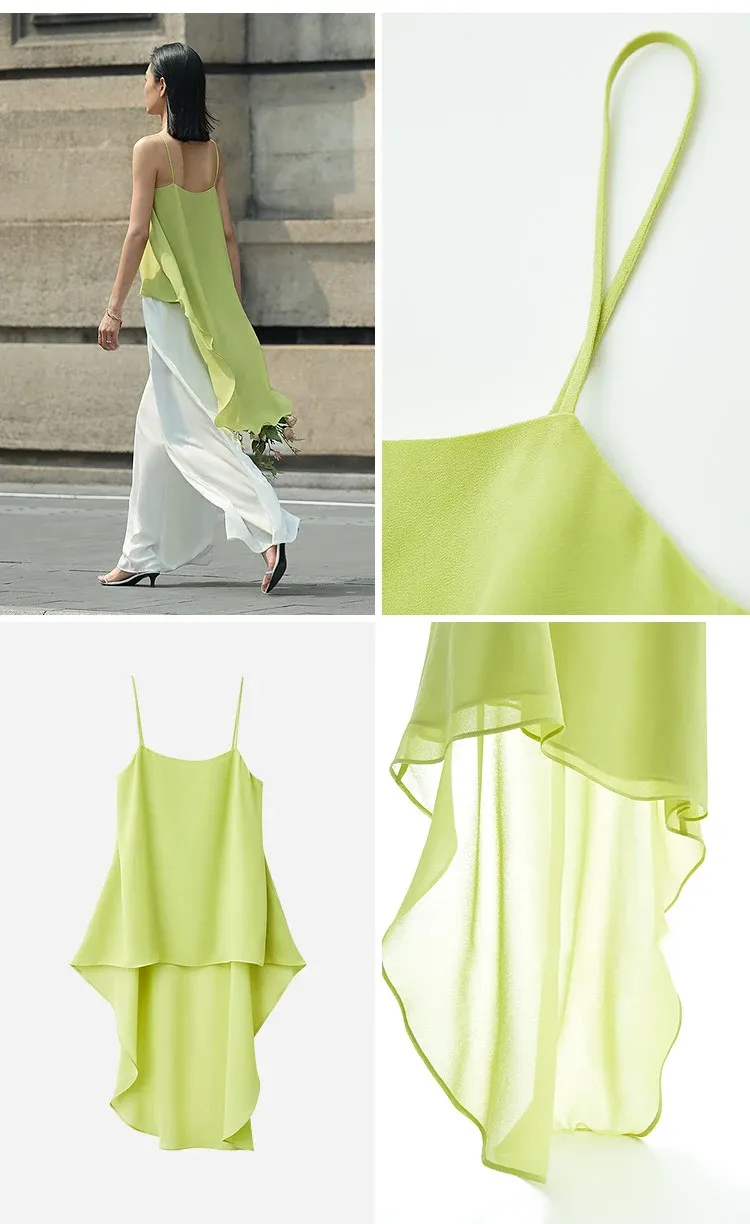 Débardeur asymétrique AMII en satin double couche à fines bretelles