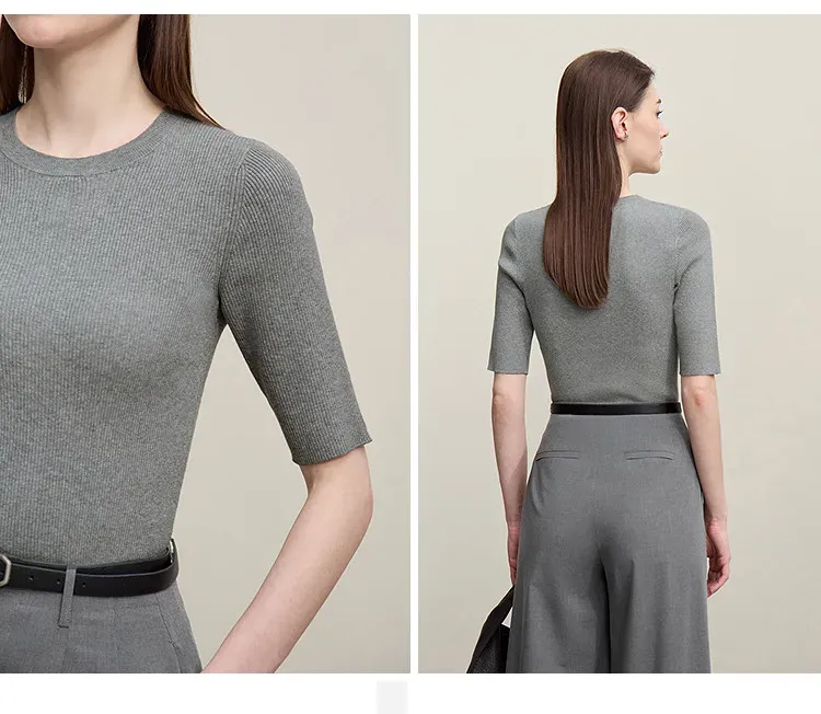 Pull femme AMII en coton à col rond, coupe slim et manches 3/4