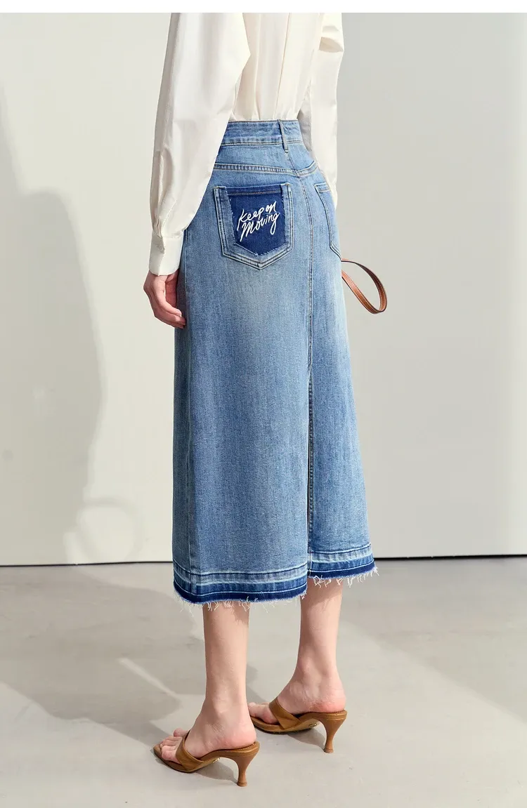 Jupe midi A-line AMII en denim brodé pour femme