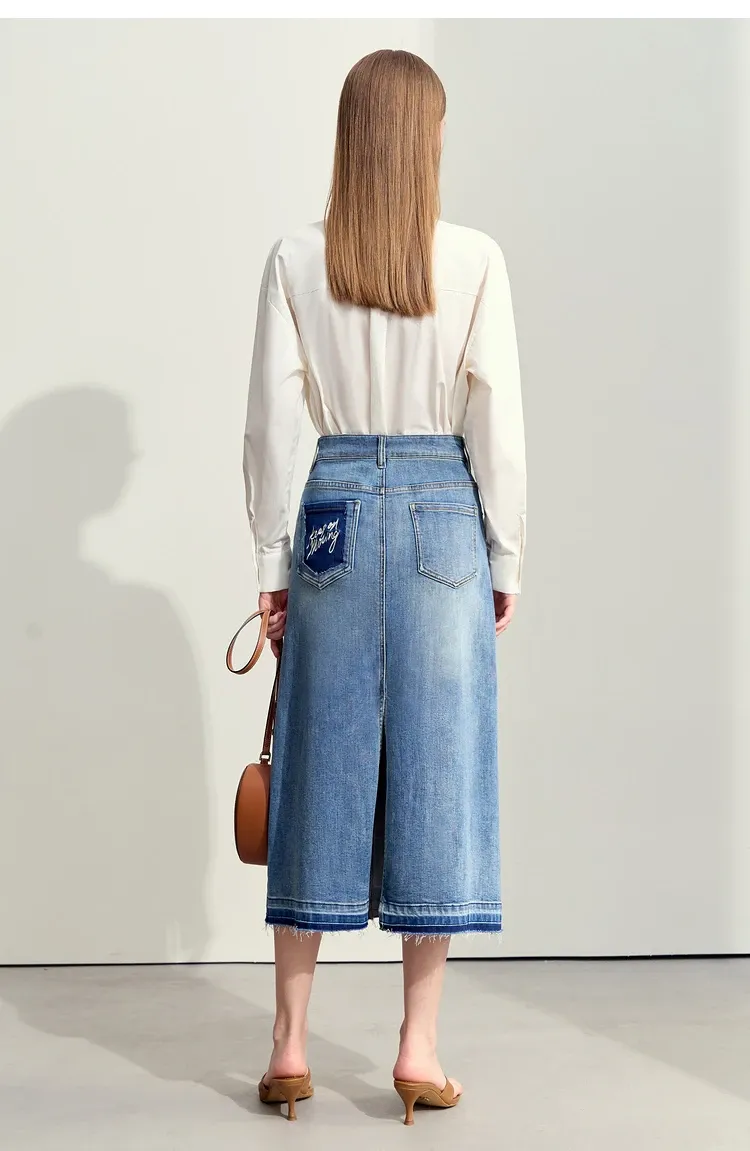 Jupe midi A-line AMII en denim brodé pour femme