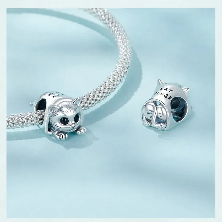 Breloque chat en argent 925 avec perle violette WOSTU