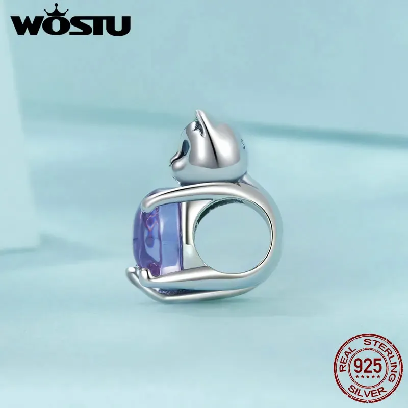 Breloque chat en argent 925 avec perle violette WOSTU