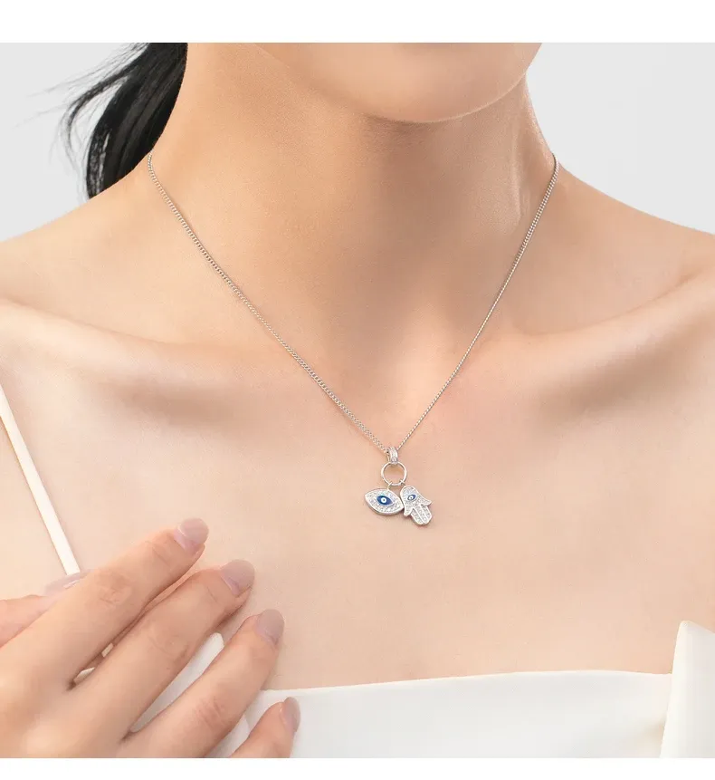 Collier en argent 925 avec œil bleu, main de Fatima et turquoise