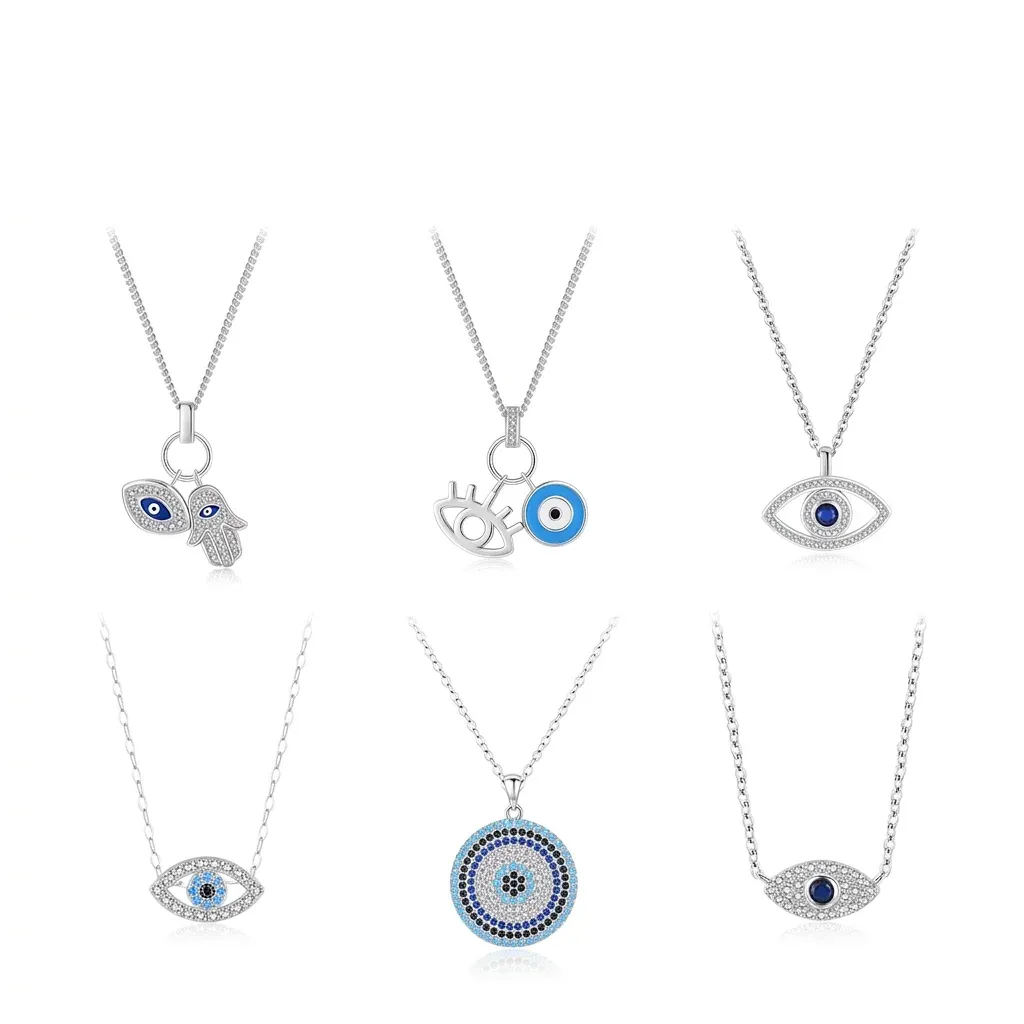 Six colliers argent œil bleu et Fatima