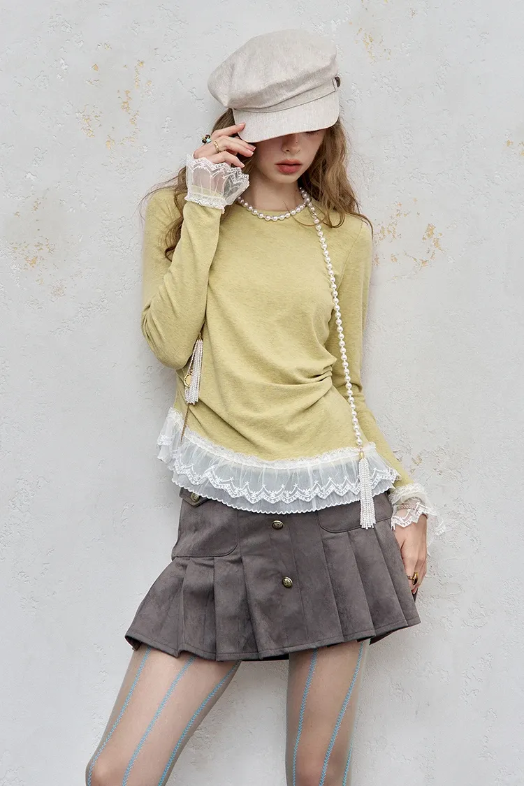 T-shirt femme ELFSACK à manches longues et finition dentelle