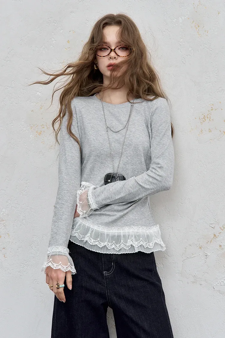 T-shirt femme ELFSACK à manches longues et finition dentelle