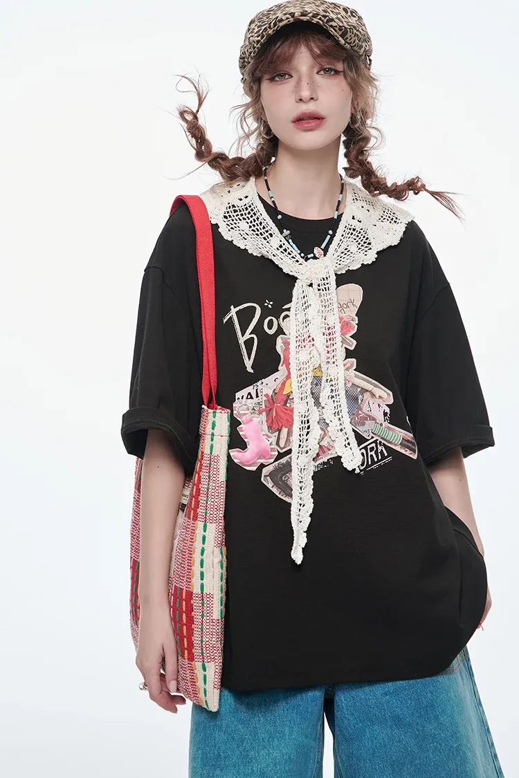 T-shirt ample ELFSACK à col rond, dentelle et motif cartoon