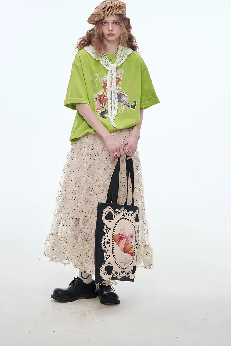 T-shirt ample ELFSACK à col rond, dentelle et motif cartoon