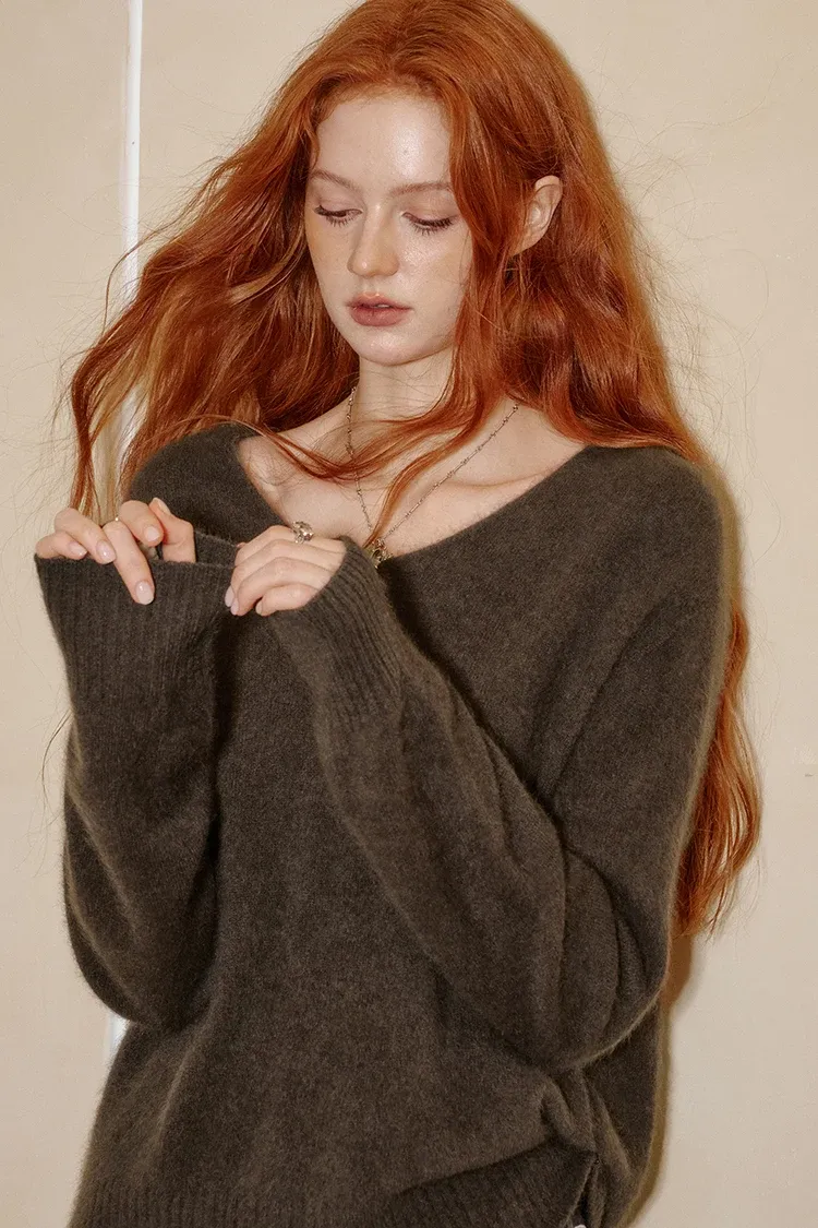 Pull oversize en laine et cachemire à col V pour femme