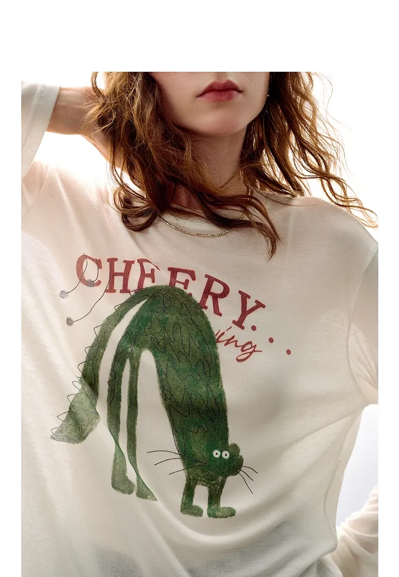 T-shirt cardigan femme en lyocell et laine, motif cartoon