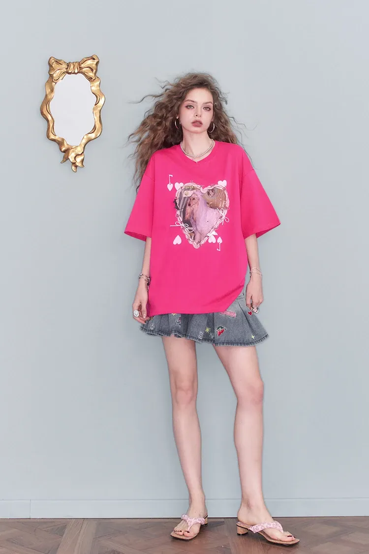 T-shirt ample ELFSACK à cœur imprimé et manches courtes