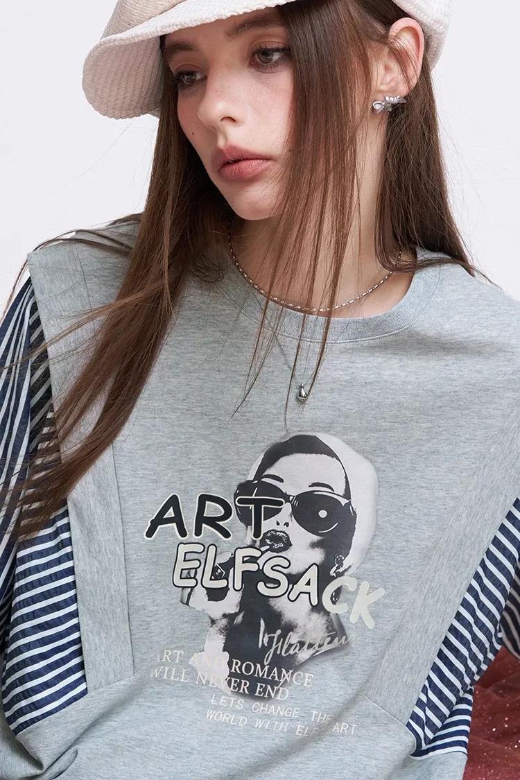 T-shirt trompe-l’œil ELFSACK à imprimé graphique et manches rayées