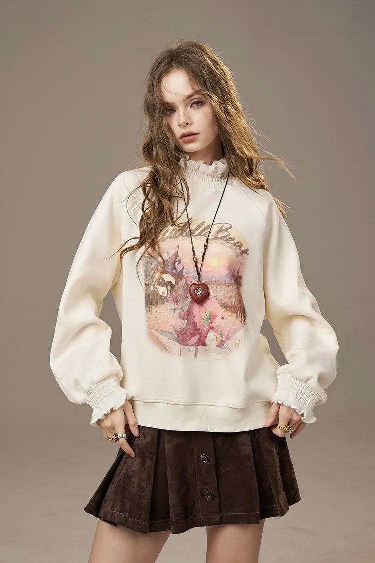 Sweat à capuche ELFSACK imprimé à col montant et manches volantées