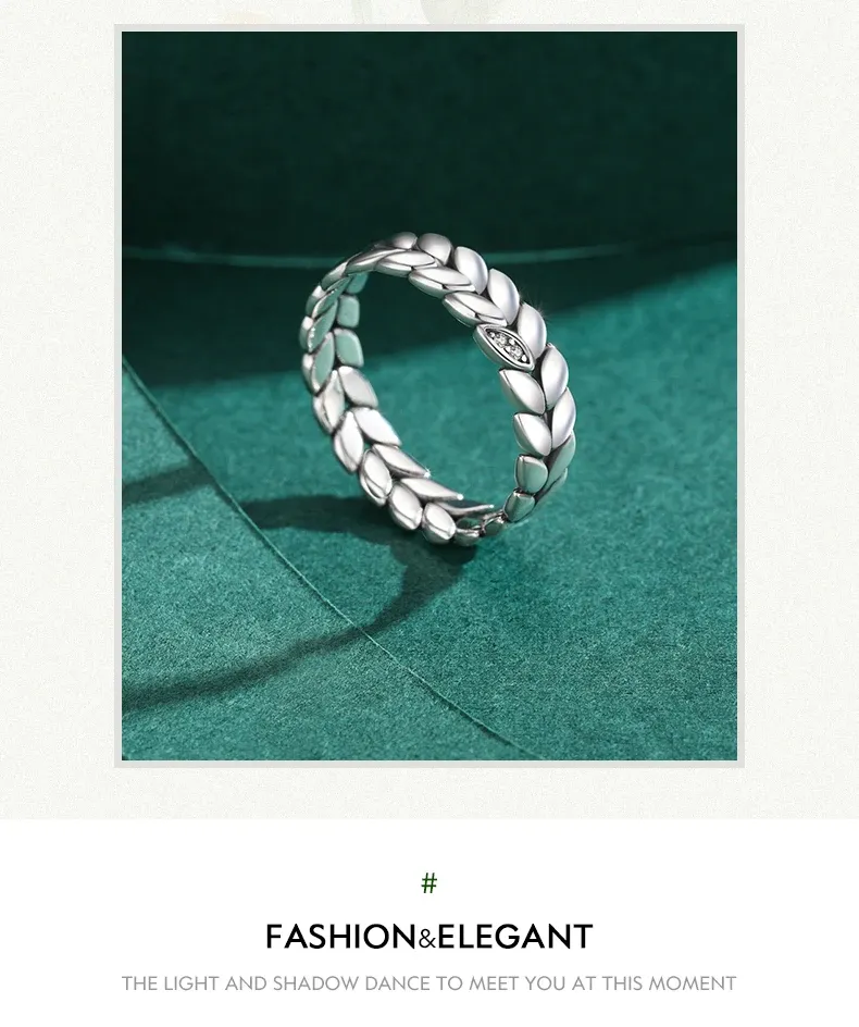 Bague fine en argent 925 à feuilles porte-bonheur et zircons