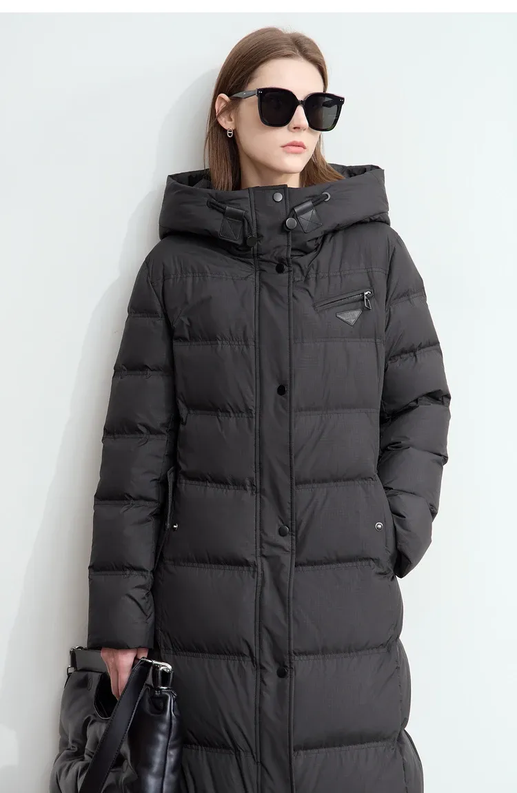 Doudoune longue AMII à capuche en duvet et effet cuir