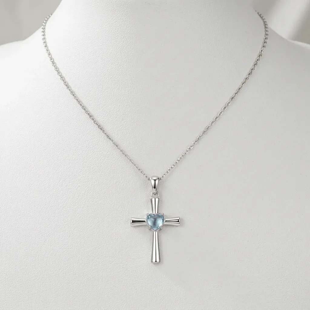 Pendentif croix cœur argent et verre bleu