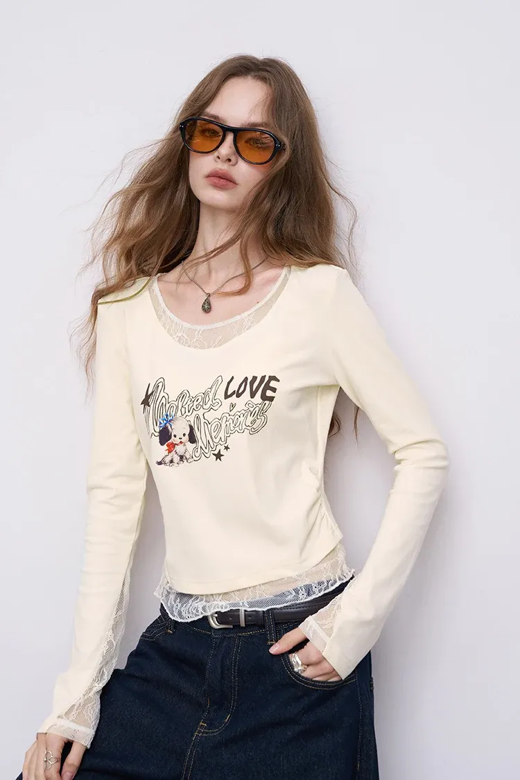 Haut ajusté ELFSACK en dentelle blanche et imprimé cartoon