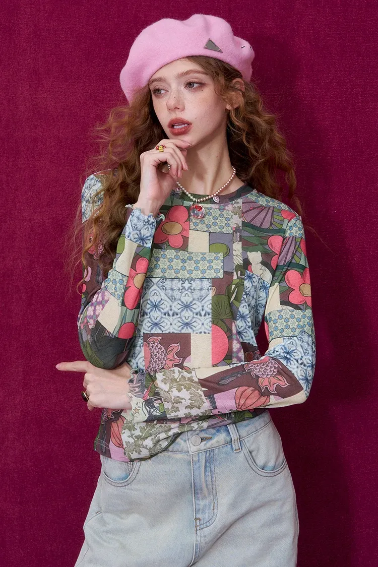 T-shirt femme ELFSACK à manches longues et imprimé artistique anime