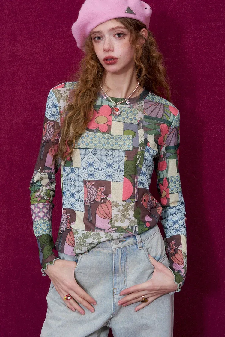 T-shirt femme ELFSACK à manches longues et imprimé artistique anime