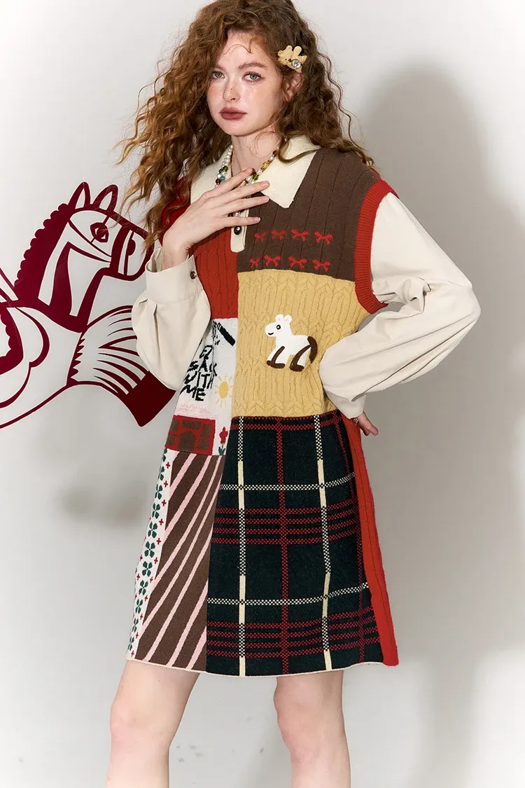 Robe en maille patchwork vintage ELFSACK à imprimé cheval et carreaux