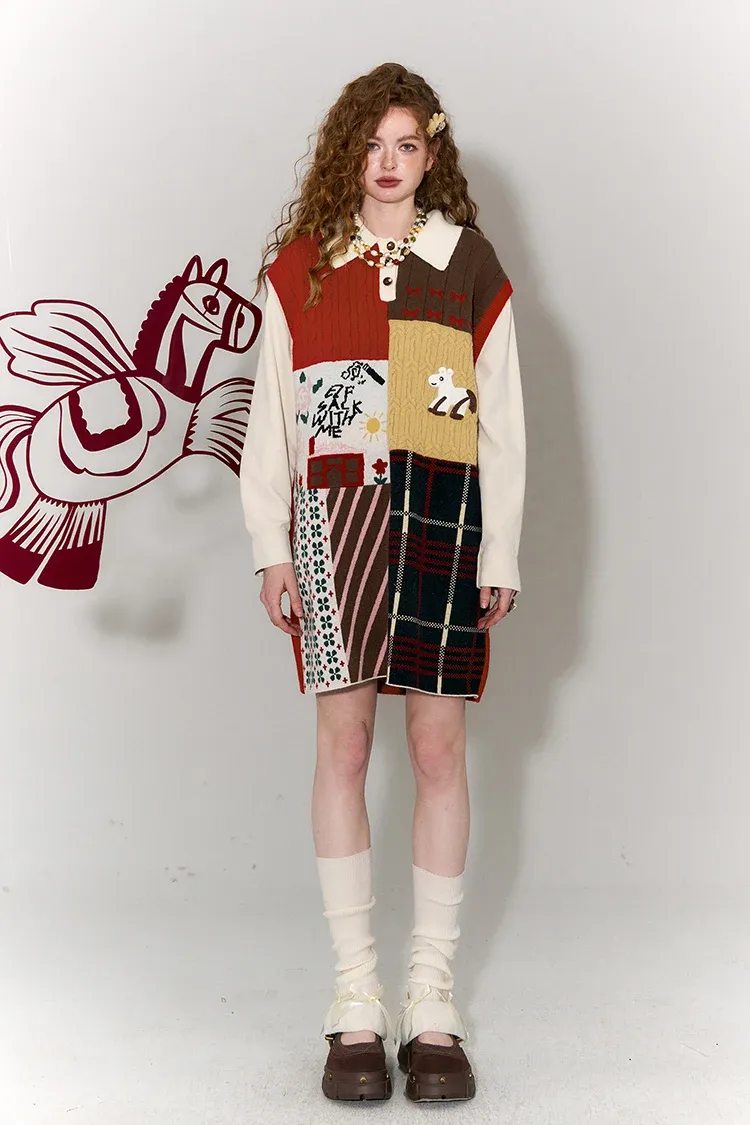 Robe en maille patchwork vintage ELFSACK à imprimé cheval et carreaux