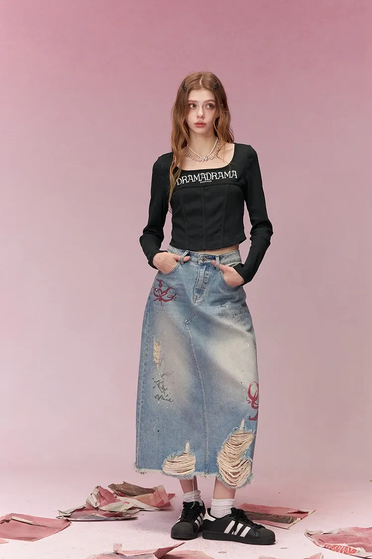 T-shirt court Y2K à manches longues et col carré ELFSACK