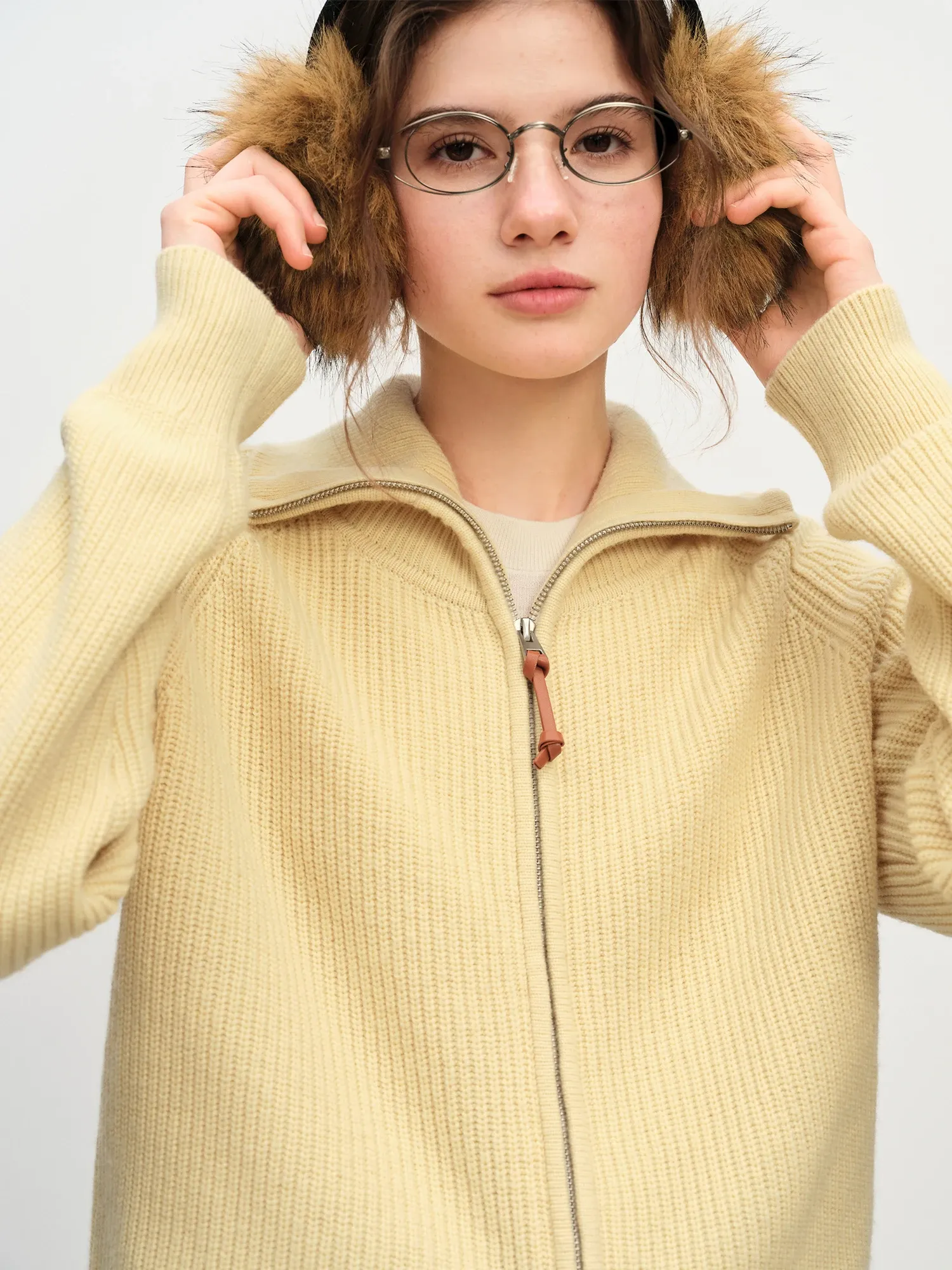 Cardigan zippé en laine mélangée à coupe ample