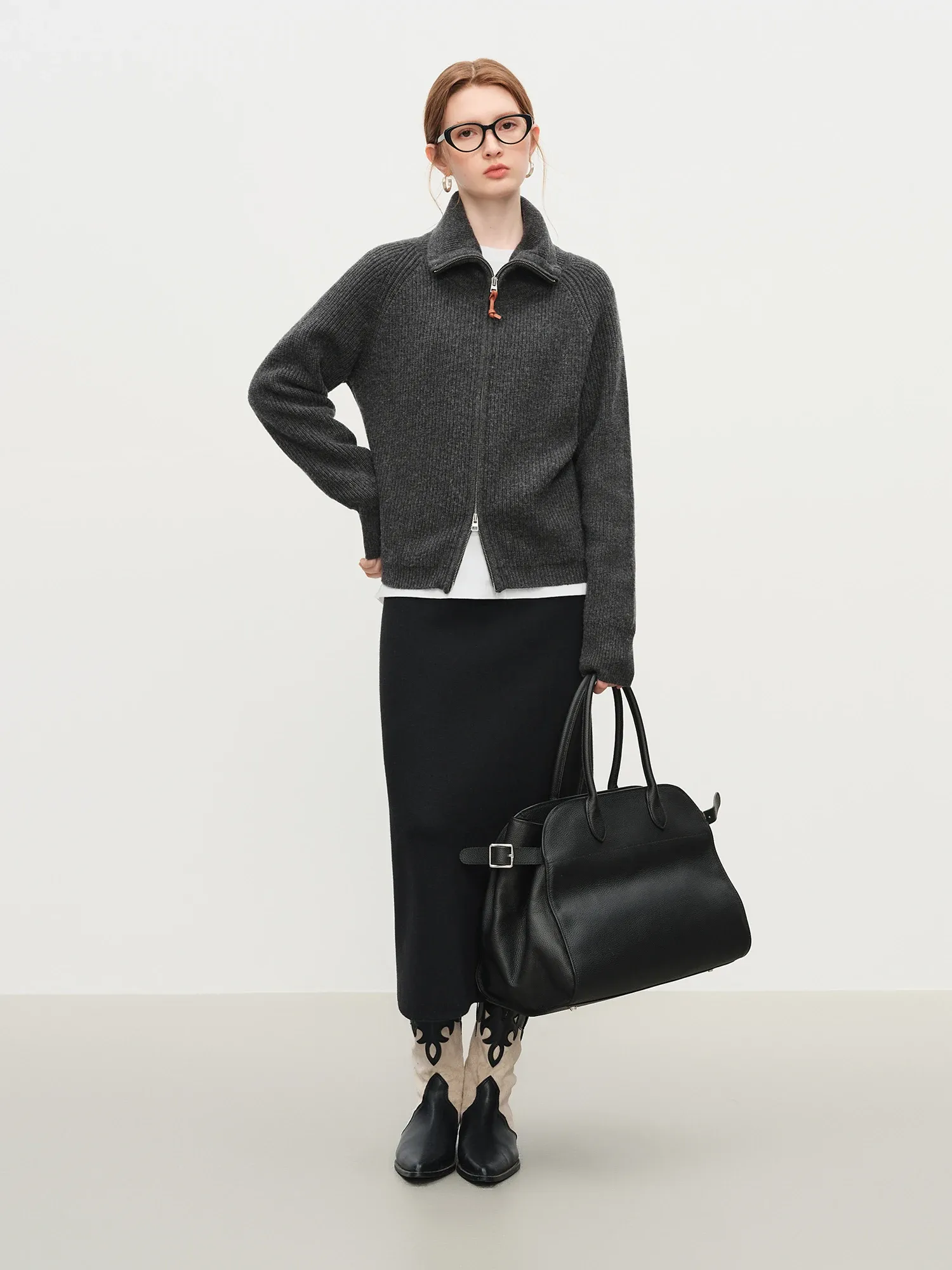 Cardigan zippé en laine mélangée à coupe ample