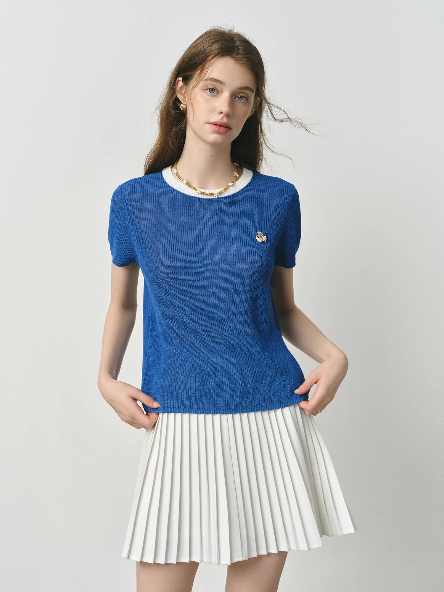 Haut tricot bleu lin à manches courtes FANSILANEN