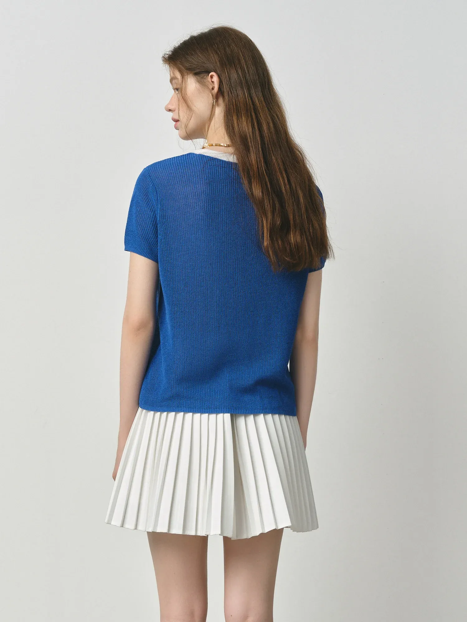 Haut tricot bleu lin à manches courtes FANSILANEN