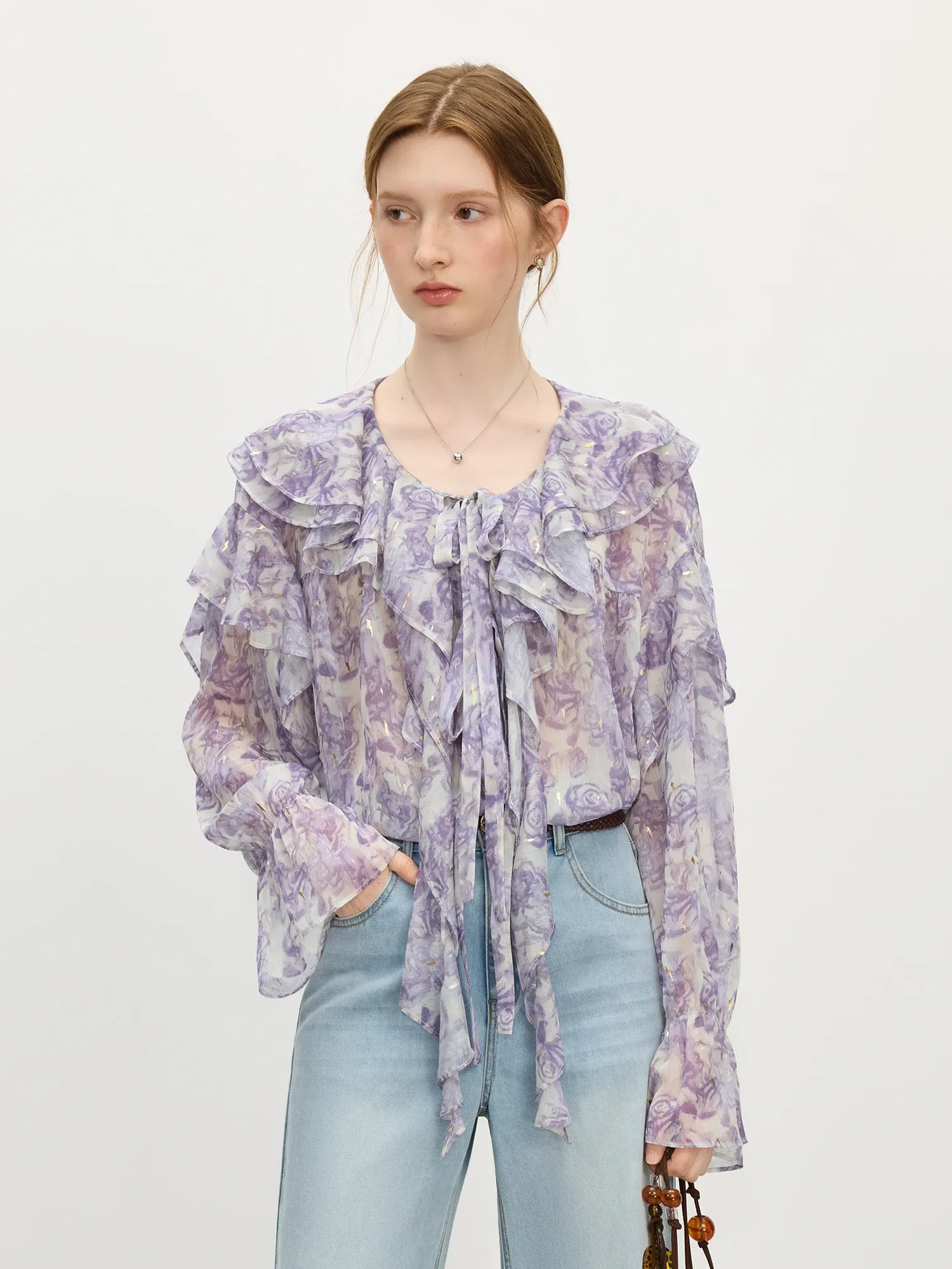 Chemise rose à volants pour femme, coupe ample