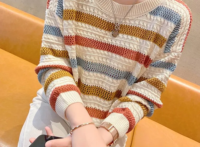 T-shirt en maille rayée à manches longues et ajours