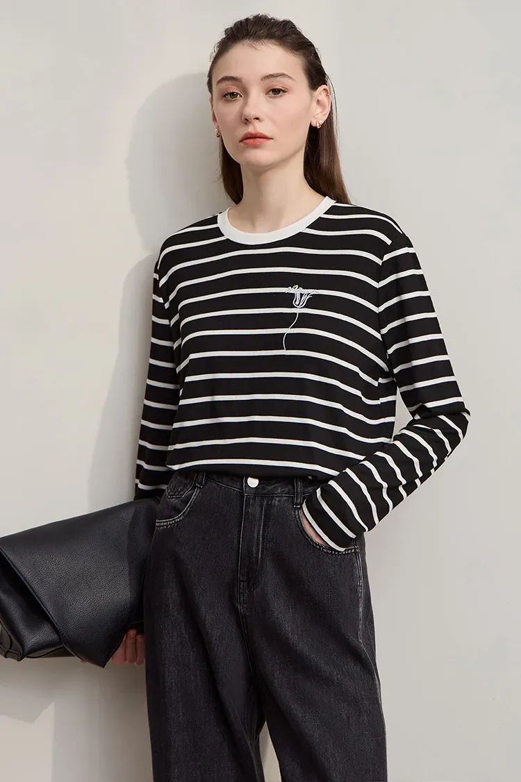 T-shirt femme AMII en maille rayée à col rond