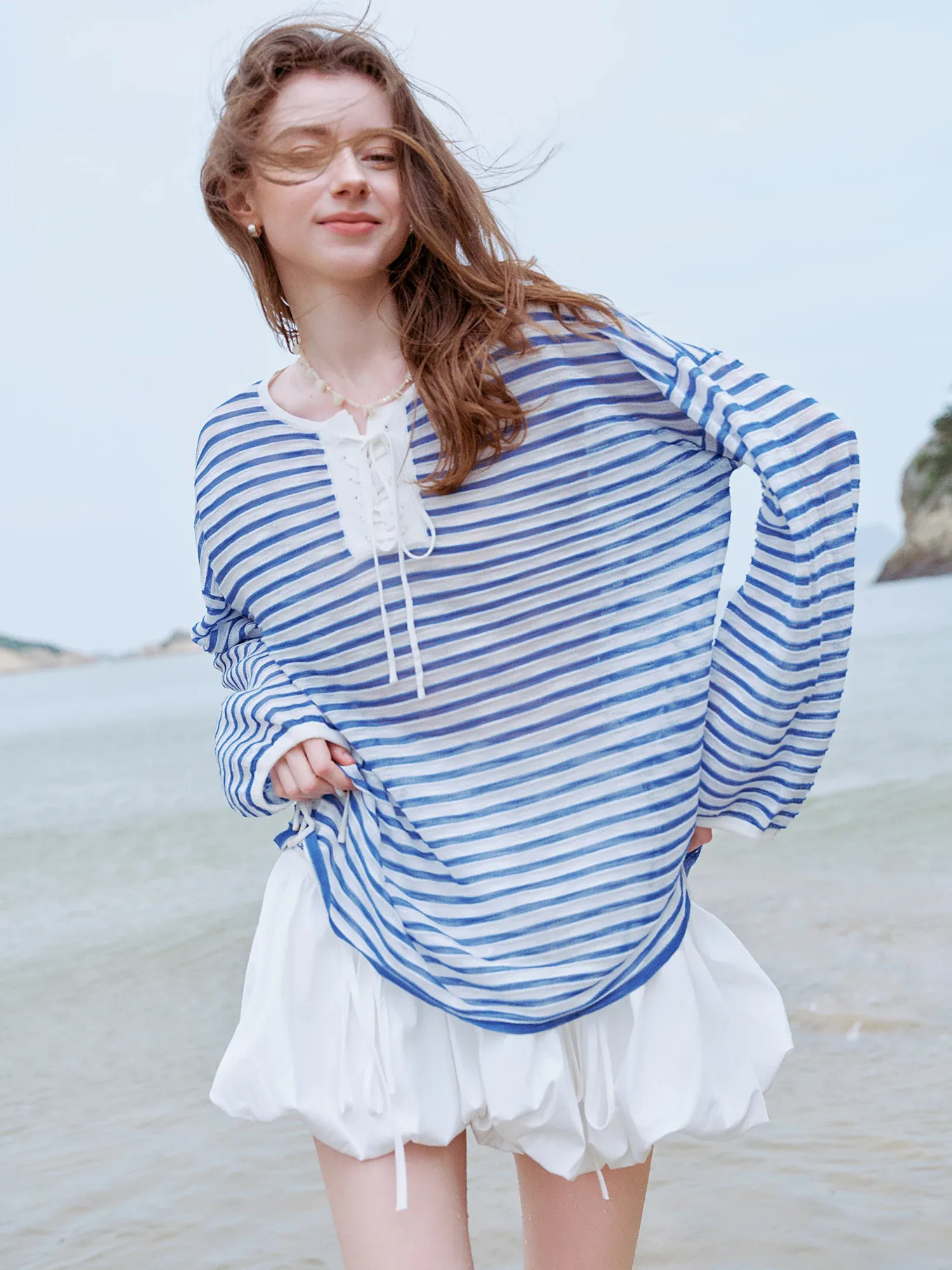 Chemise rayée légère à manches longues pour femme