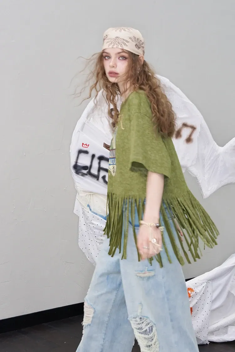 T-shirt graphique à franges ELFSACK, coupe casual d’été