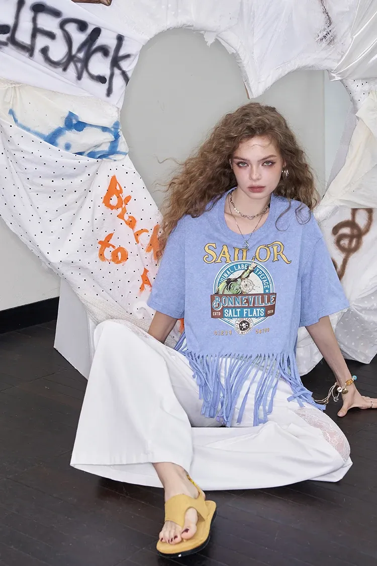 T-shirt graphique à franges ELFSACK, coupe casual d’été