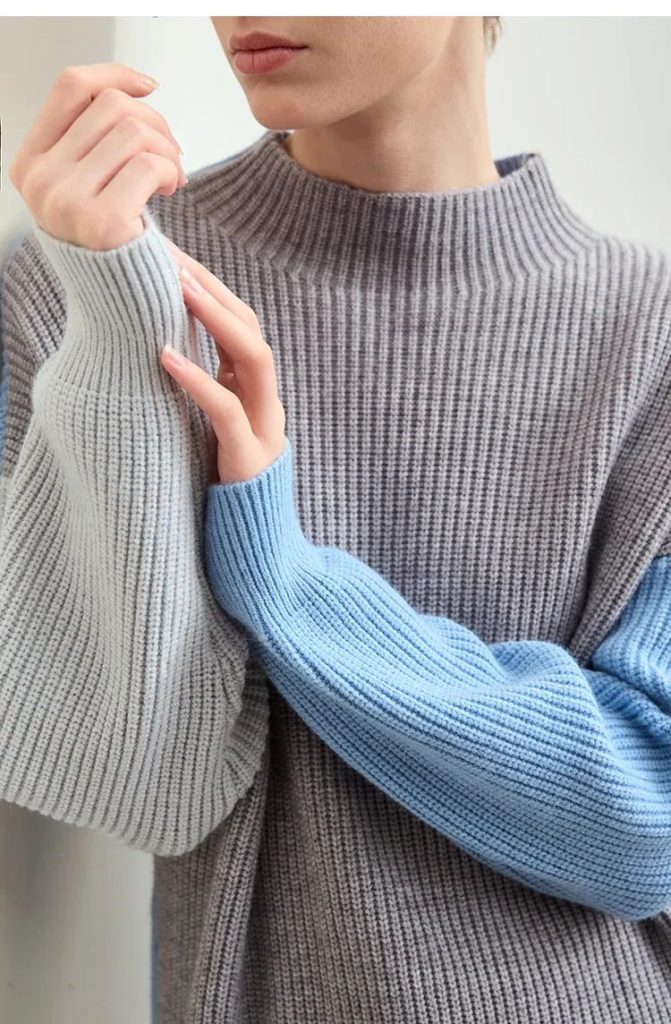 Pull femme AMII à col montant patchwork, maille ample hiver