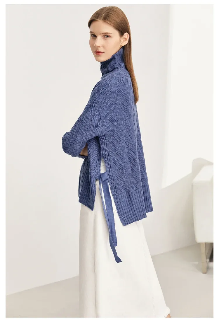 Pull femme AMII à col roulé lacé, maille douce et ample