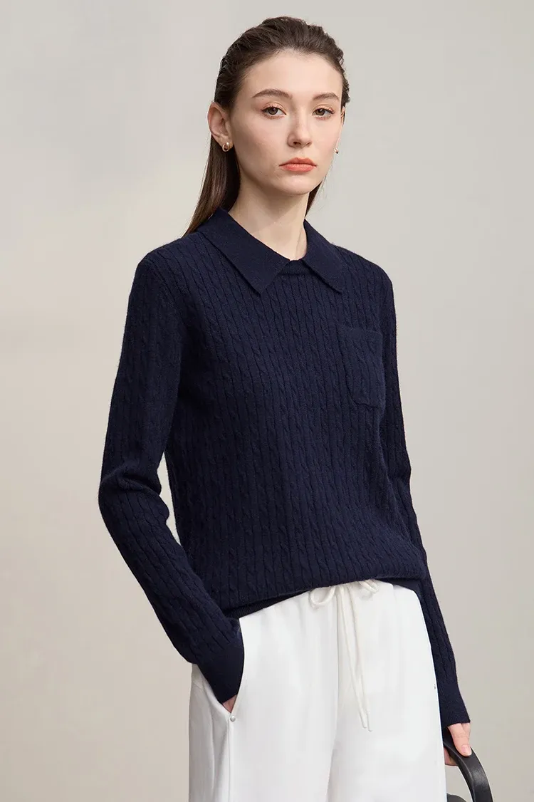 Pull col rabattu AMII en maille unie à poches, automne 2025