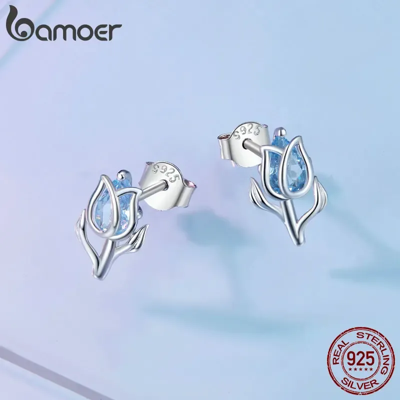 Boucles d’oreilles tulipe en argent 925 et zircon bleu Bamoer