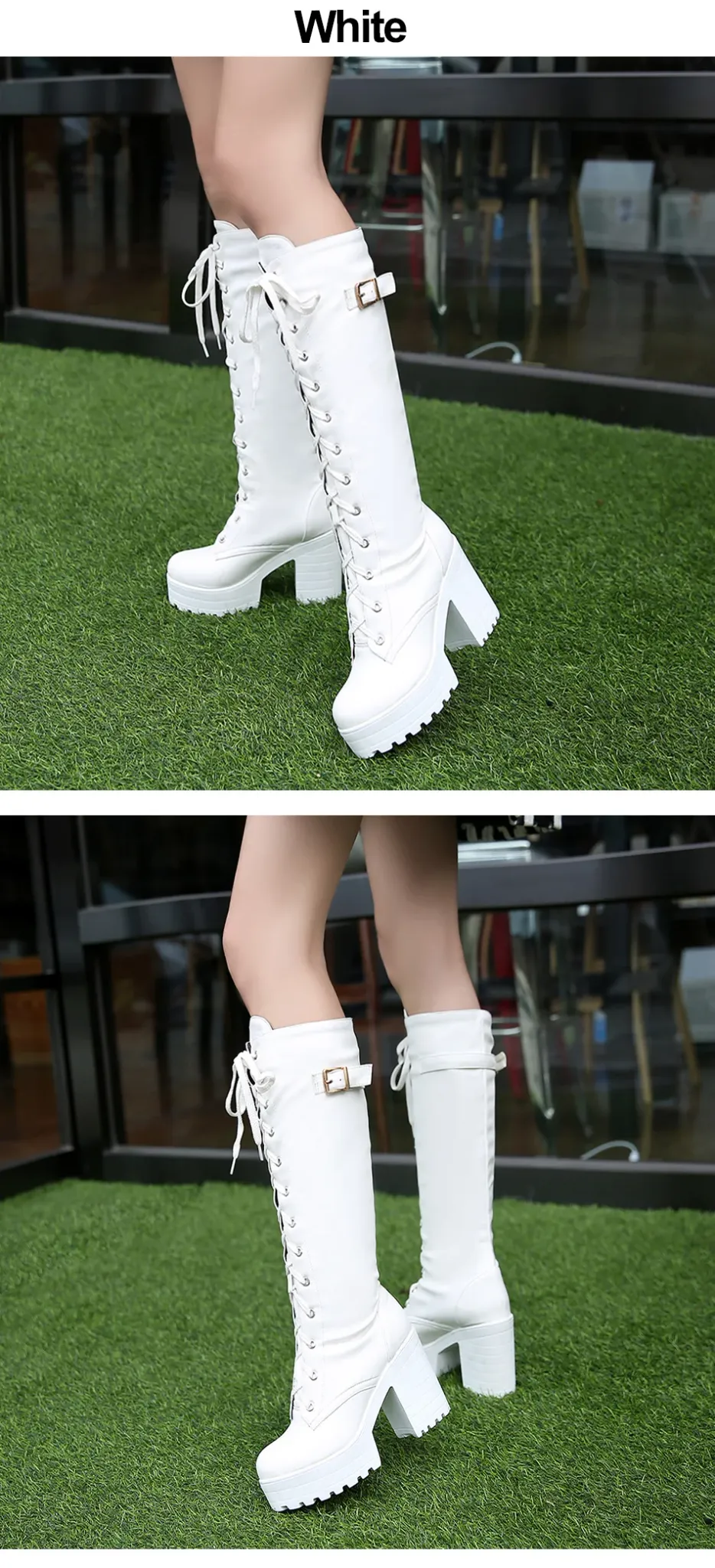 Bottes hautes à talon carré en PU blanc pour femme