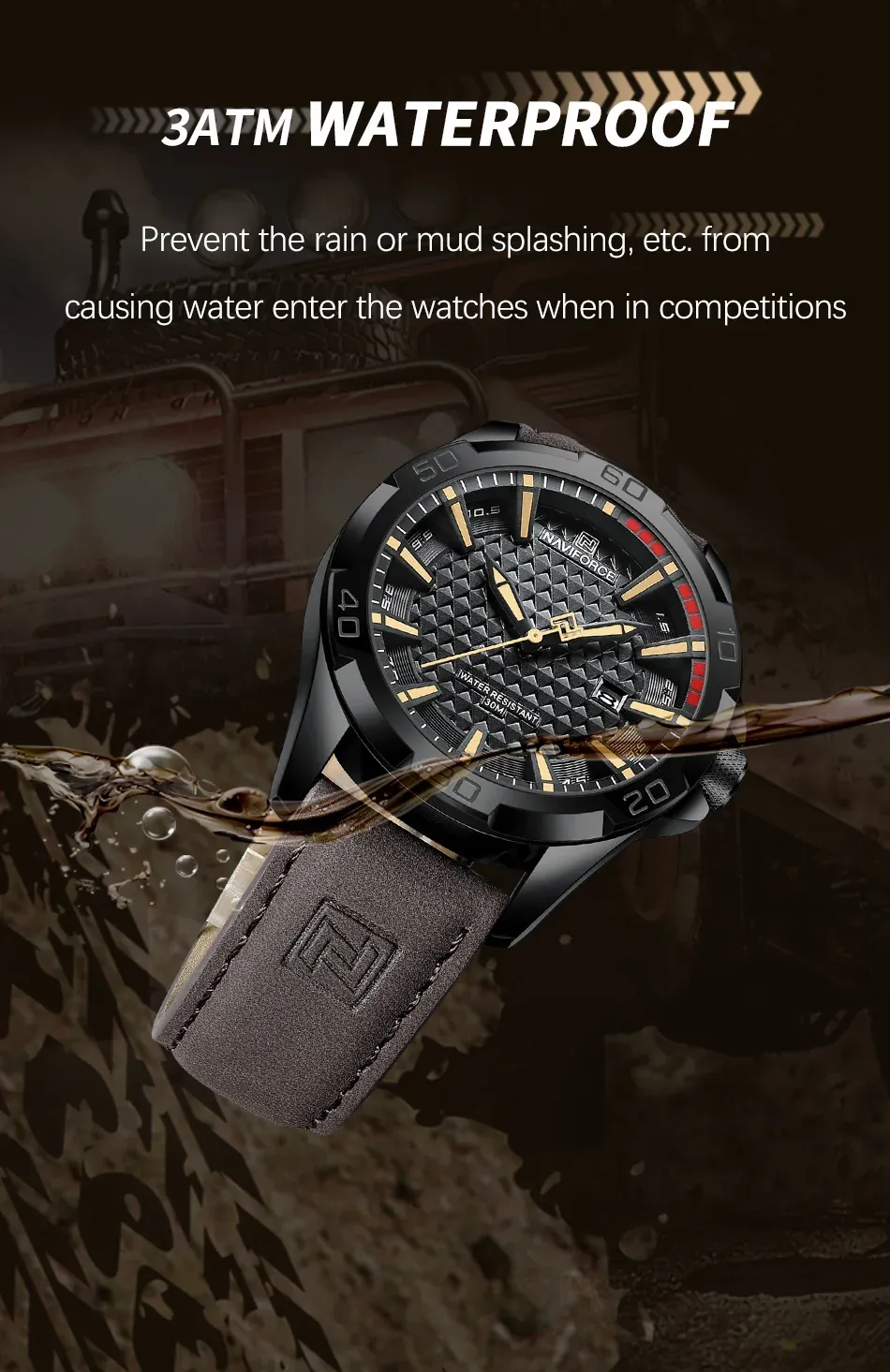 Montre NAVIFORCE homme cuir quartz 30 m, calendrier militaire