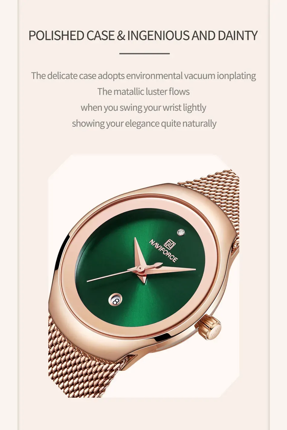Montre NAVIFORCE femme verte en maille acier, quartz et date