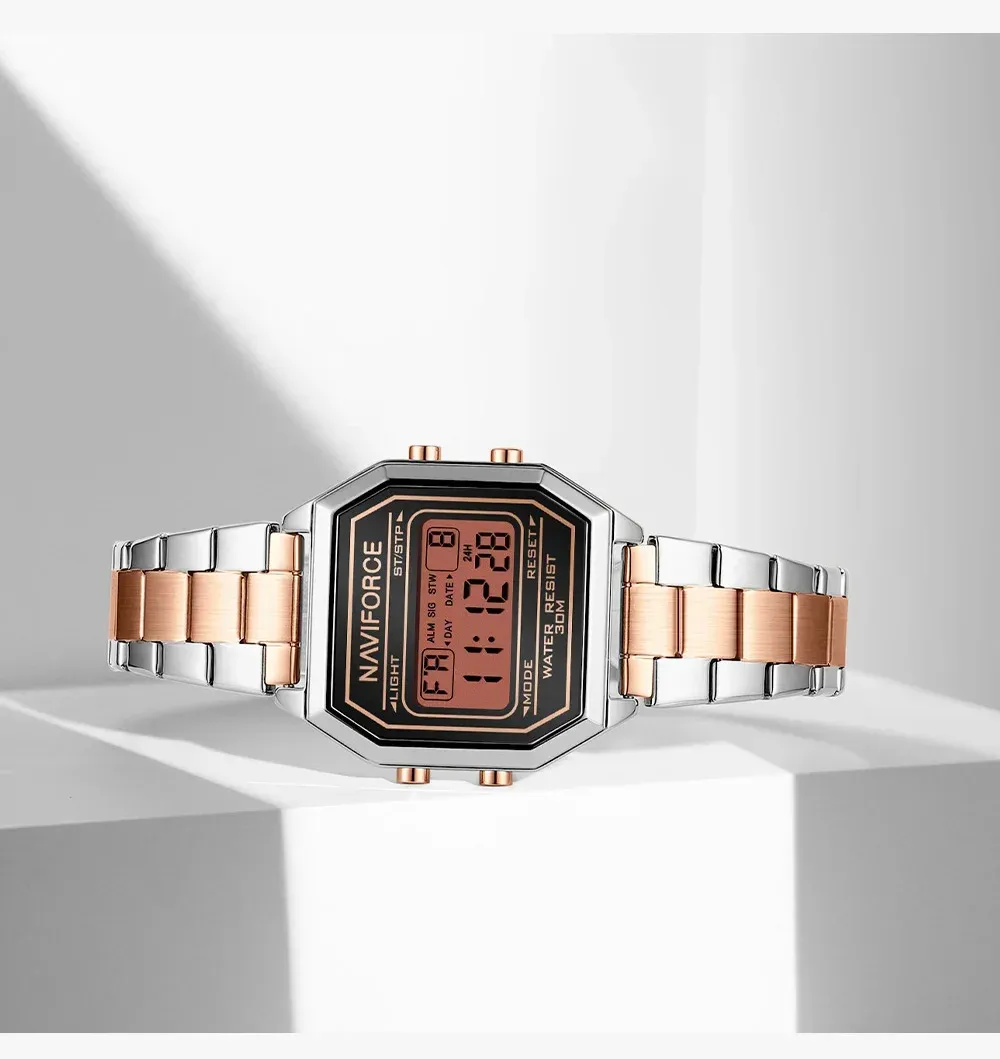 Montre numérique femme NAVIFORCE NF5063S en acier, LED et calendrier
