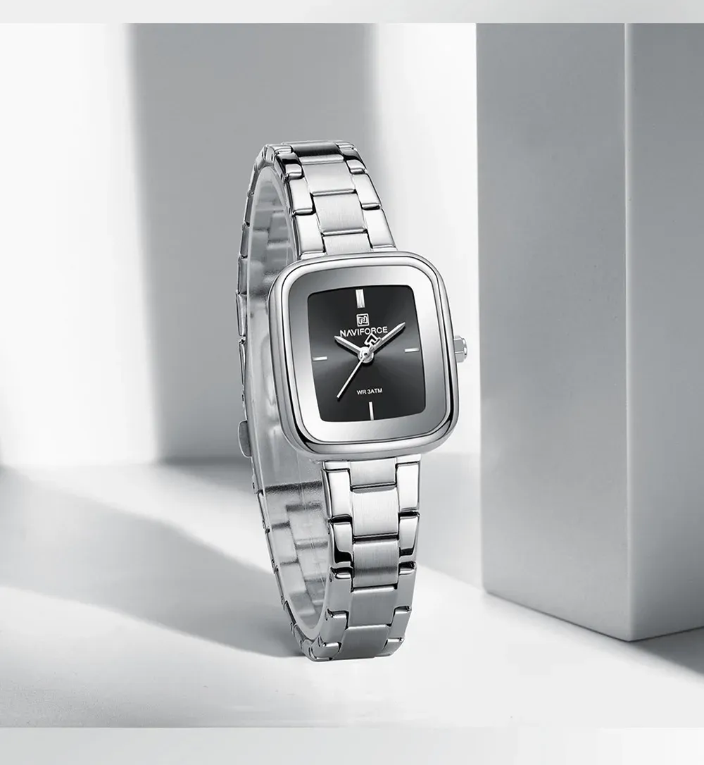 Montre NAVIFORCE NF5075 femme carrée acier, quartz 3 ATM