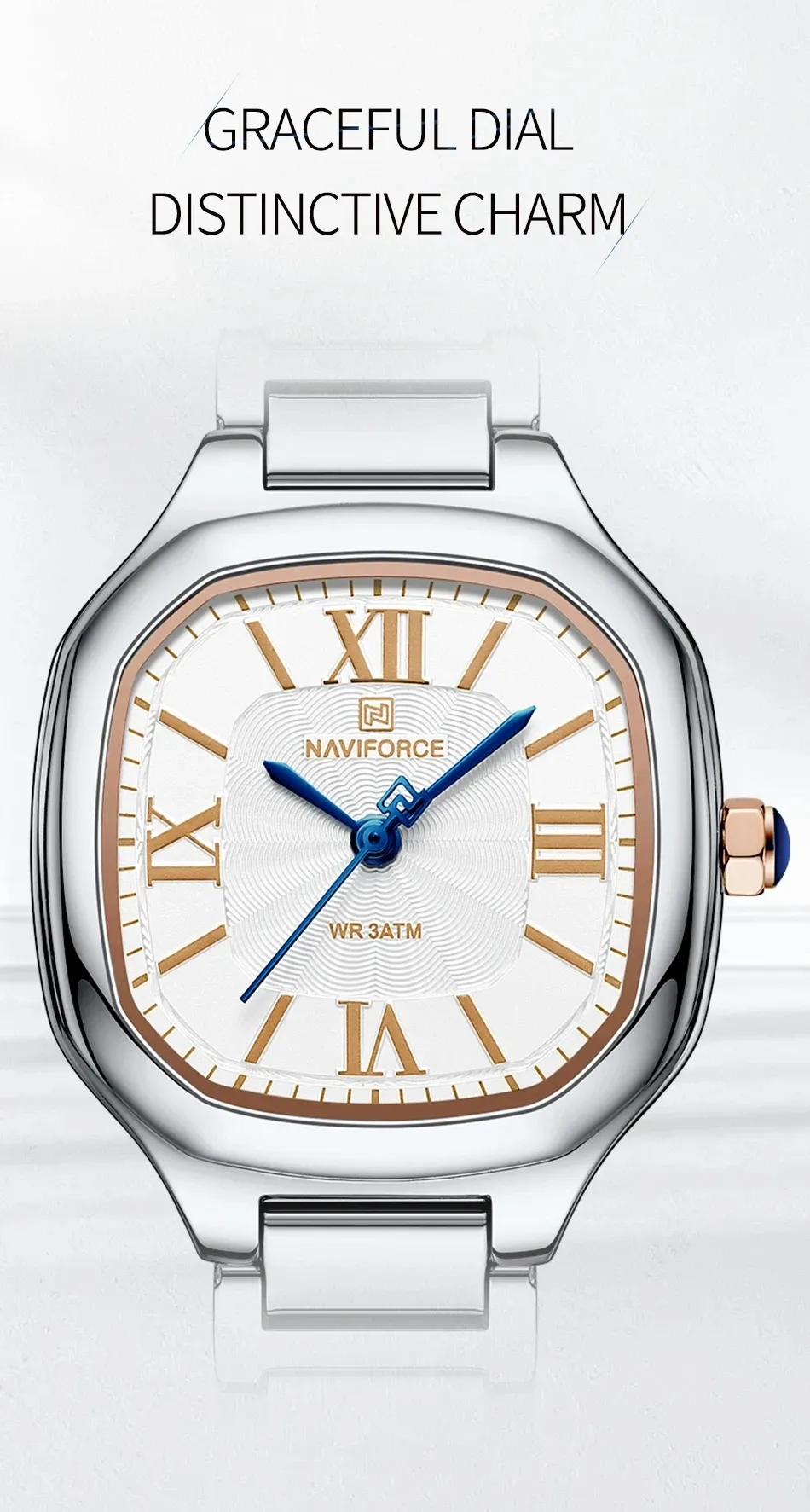 Montre femme NAVIFORCE carrée en acier, quartz et calendrier