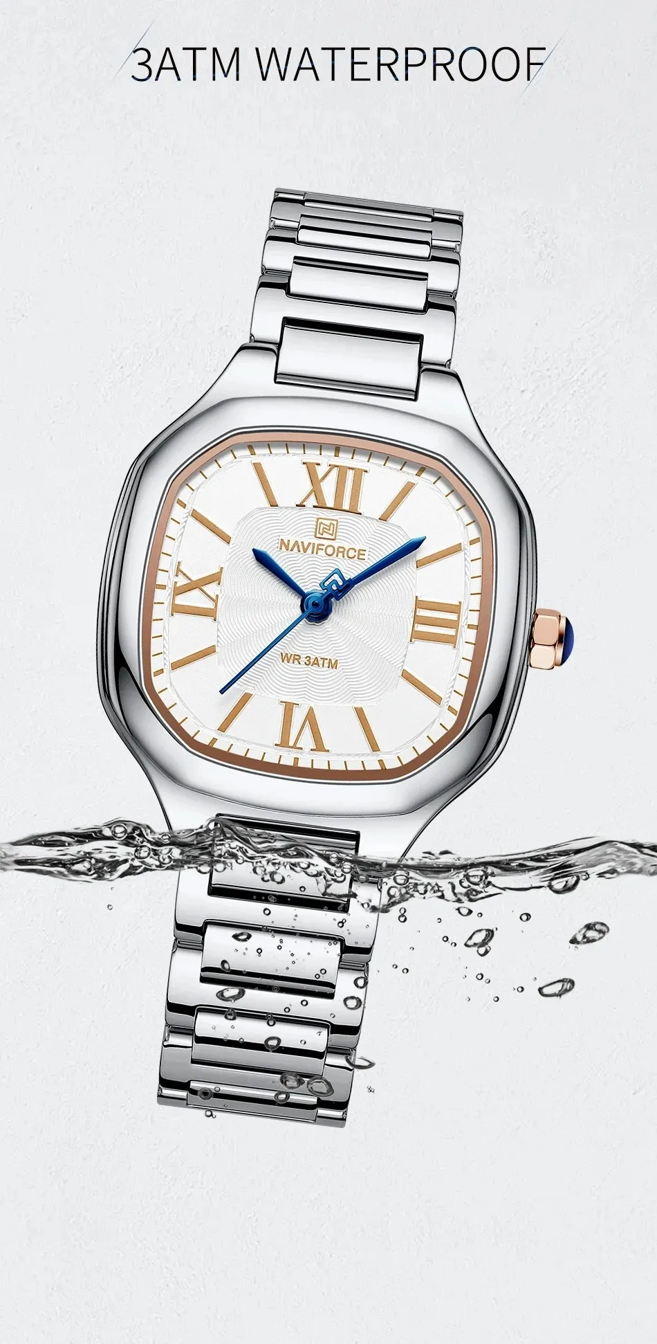 Montre femme NAVIFORCE carrée en acier, quartz et calendrier
