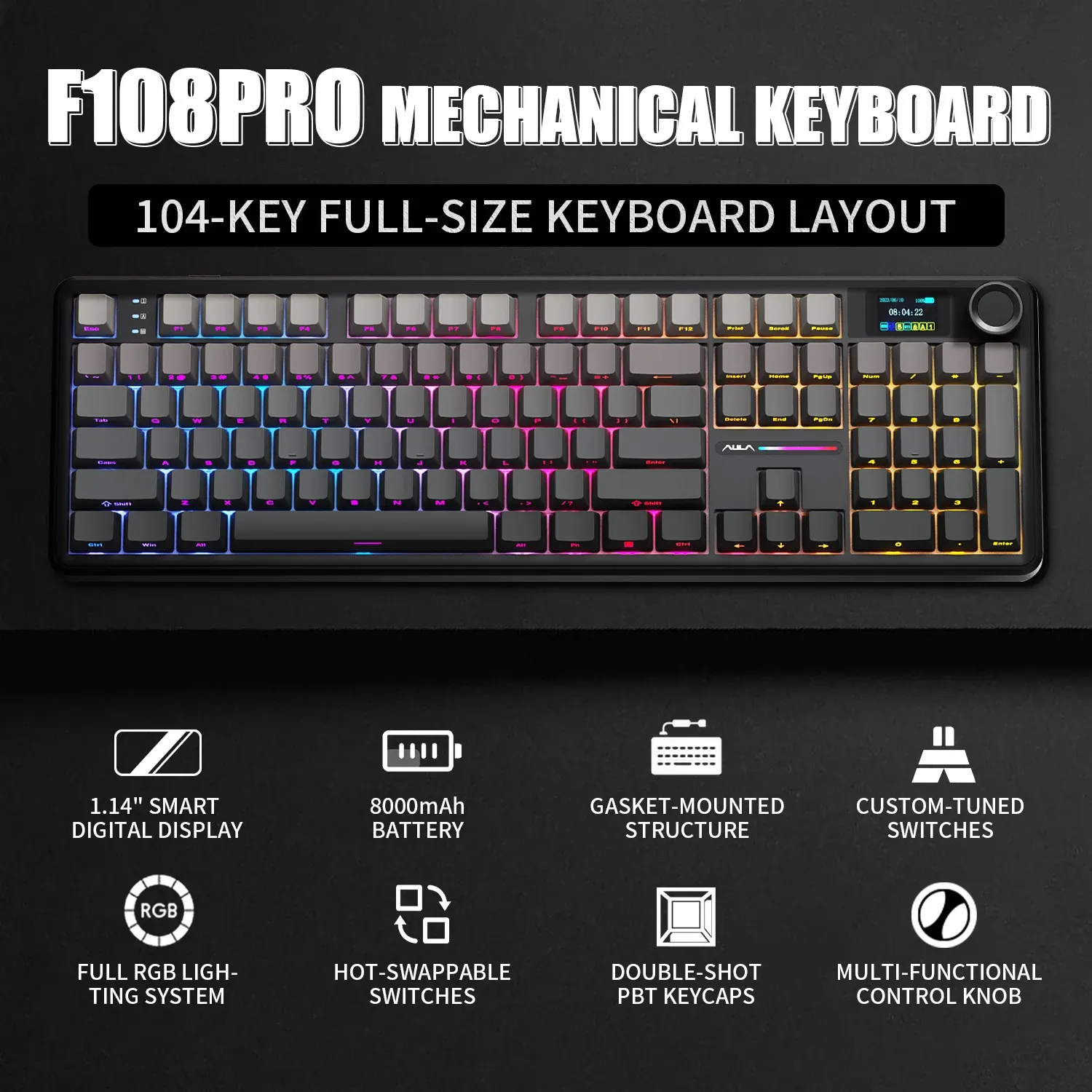 AULA F108 Pro : clavier mécanique 100 % sans fil, écran et hot-swap