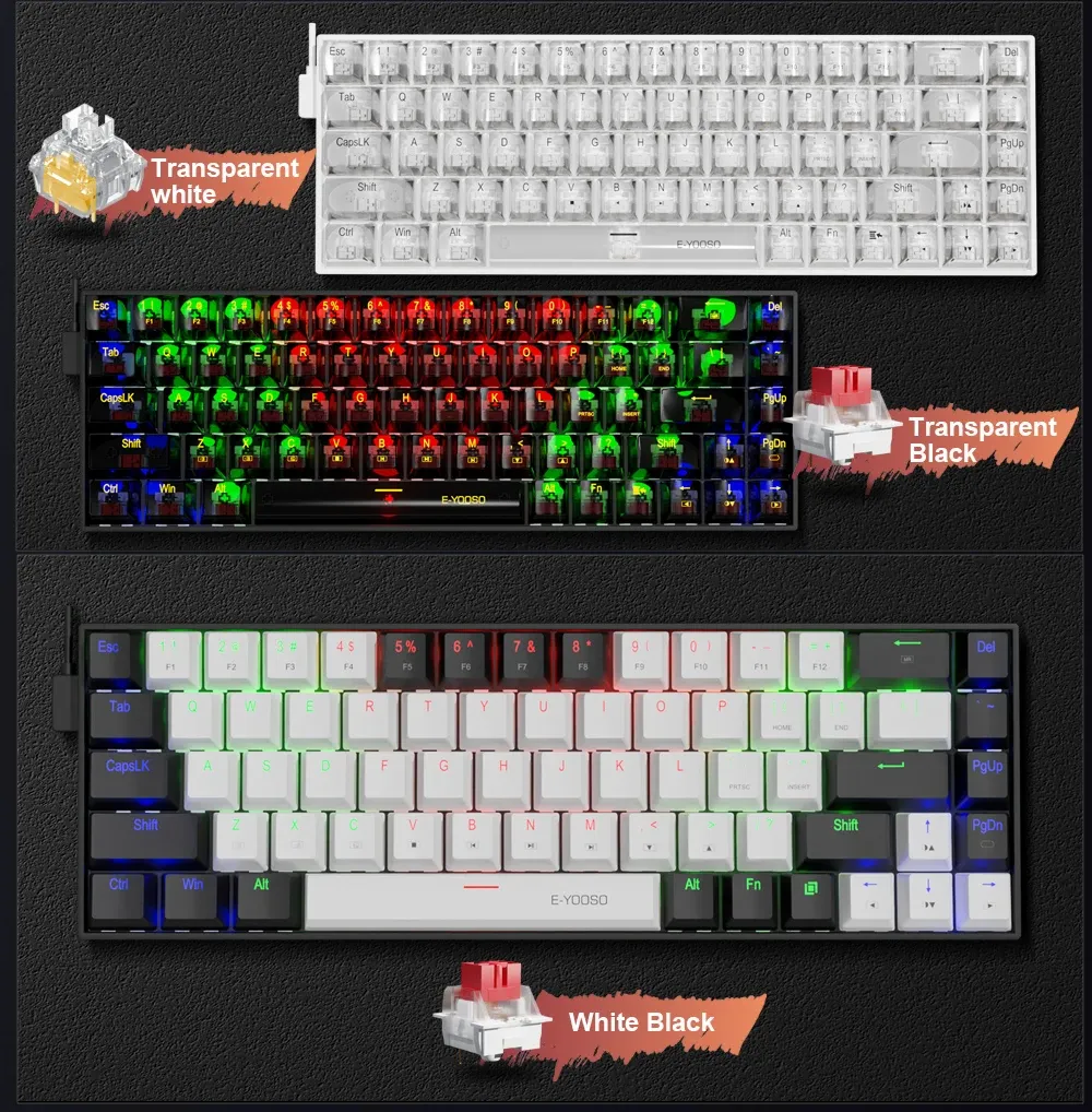 Clavier mécanique compact E-YOOSO Z686 filaire 68 touches, interrupteurs rouges et hot-swap