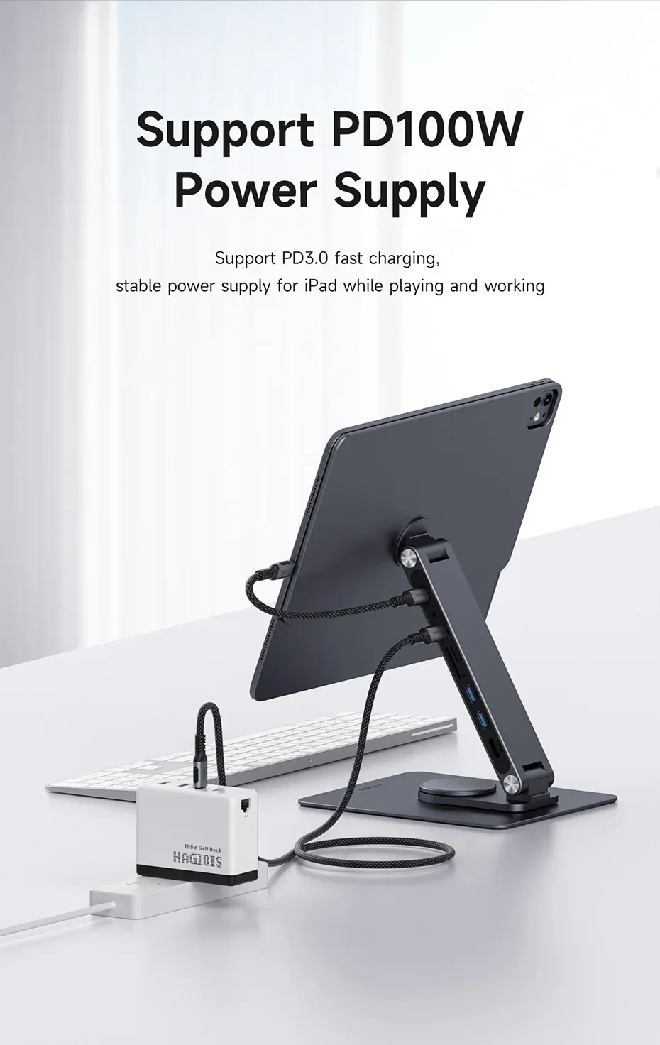 Support magnétique pivotant Hagibis pour iPad Pro M4 avec hub USB-C